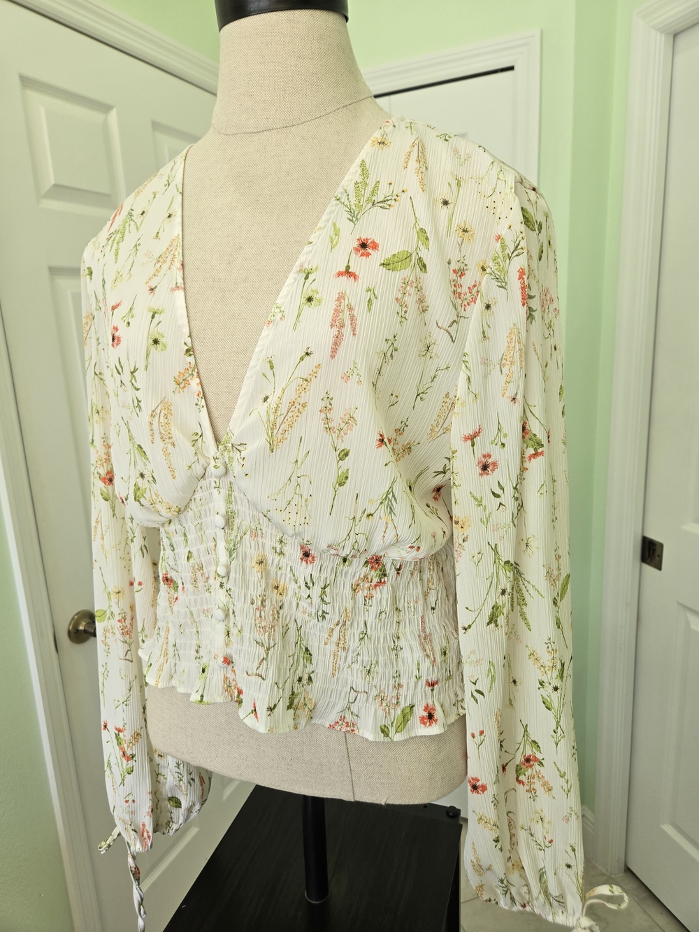 H&M Cream Whimsy Fairy Boho Floral V-Neck Smocked Blouse with Green & Pink